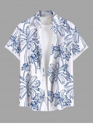 Plus Size Hand-painted Stick Figure Coconut Tree Print Hawaii Button Pocket Shirt For Men -  
