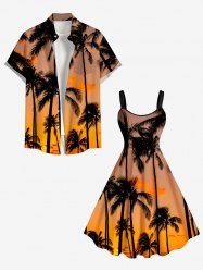 Tenue de plage hawaïenne assortie grande taille à imprimé cocotier et crépuscule pour couples - Orange 
