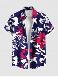 Plus Size Tropical Leaf Hibiscus Flowers Print Buttons Pocket Hawaii Shirt For Men -  