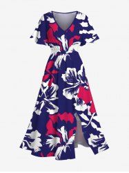 Plus Size Tropical Leaf Hibiscus Flowers Print Split Hawaii Midi Dress -  