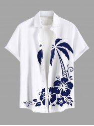 Plus Size Coconut Tree Hibiscus Flower Two Tone Print Hawaii Button Pocket Shirt For Men -  