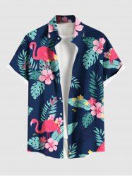 Plus Size Tropical Leaf Hibiscus Flower Flamingo Print Hawaii Button Pocket Shirt For Men -  
