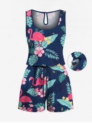 Plus Size Tropical Leaves Hibiscus Floral Flamingo Print Hawaii Pocket Drawstring Romper -  