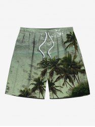 Short de plage hawaïen grande taille à cordon de serrage et imprimé cocotiers et vagues pour homme - Vert 5XL