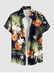 Chemise hawaïenne grande taille à imprimé floral et feuilles tropicales et hibiscus pour homme - Noir L