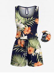 Combinaison hawaïenne grande taille à imprimé feuilles tropicales et fleurs d'hibiscus avec cordon de serrage et poches - Noir 4X