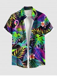 Chemise hawaïenne à boutons et poches pour homme, grande taille, motif feuilles tropicales colorées ombrées, imprimé oiseaux et fleurs - Noir XL