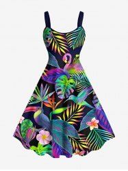 Plus Size Colorful Ombre Tropical Leaf Flower Bird Print Hawaii A Line Tank Dress -  