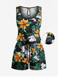 Plus Size Tropical Leaf Flower Branch Print Hawaii Drawstring Pocket Romper -  