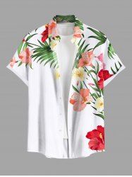 Chemise hawaïenne grande taille pour homme, imprimée de fleurs d'hibiscus et de feuilles tropicales, avec boutons et poche. - Blanc 6XL