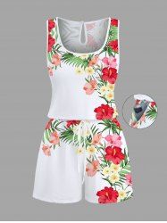 Plus Size Tropical Leaf Hibiscus Flowers Print Cinched Hawaii Romper -  