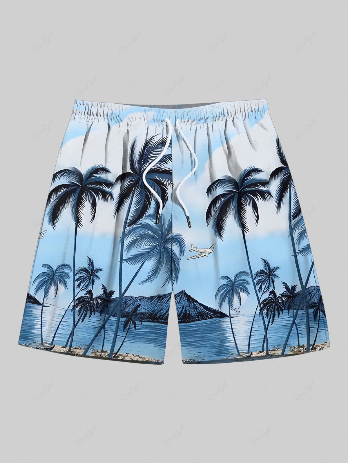 Best Plus Size Coconut Tree Sea Plane Print Hawaii Drawstring Beach Shorts For Men  