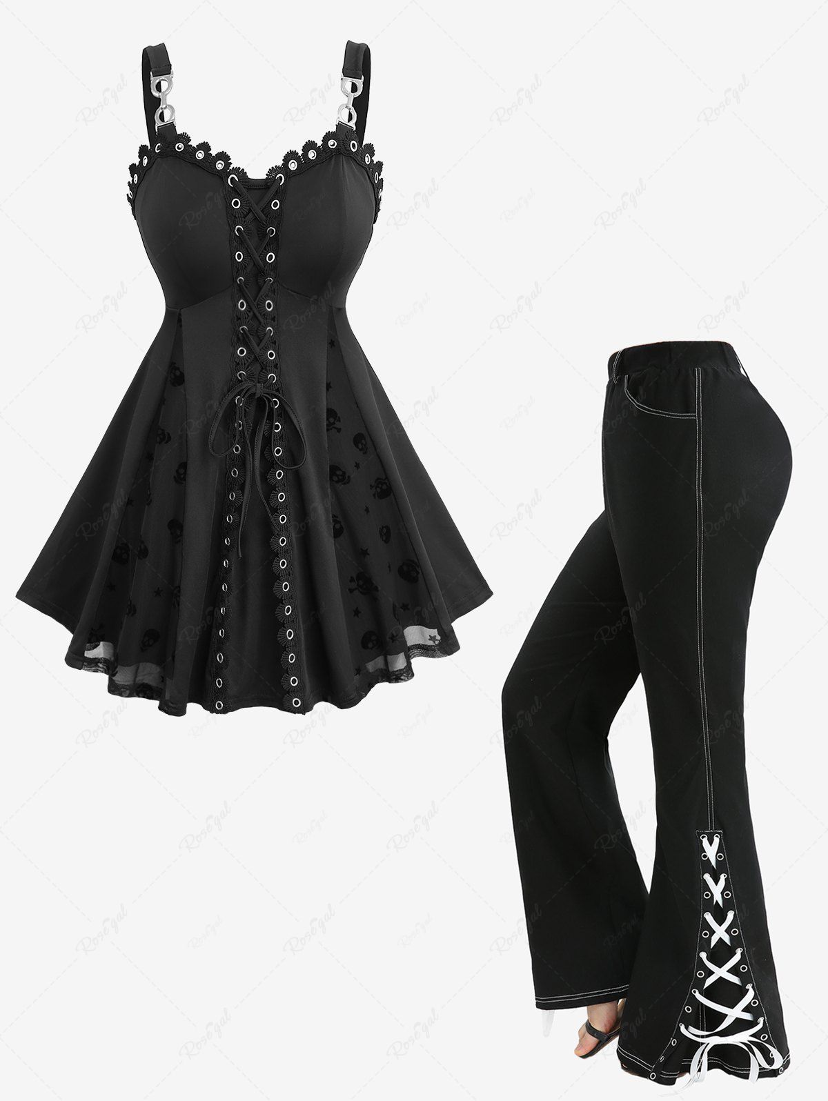 Trendy Flower Mesh Jacquard Embroidery Patchwork Top and Split Lace Up Topstitching Flare Pants Plus Size Outfit  
