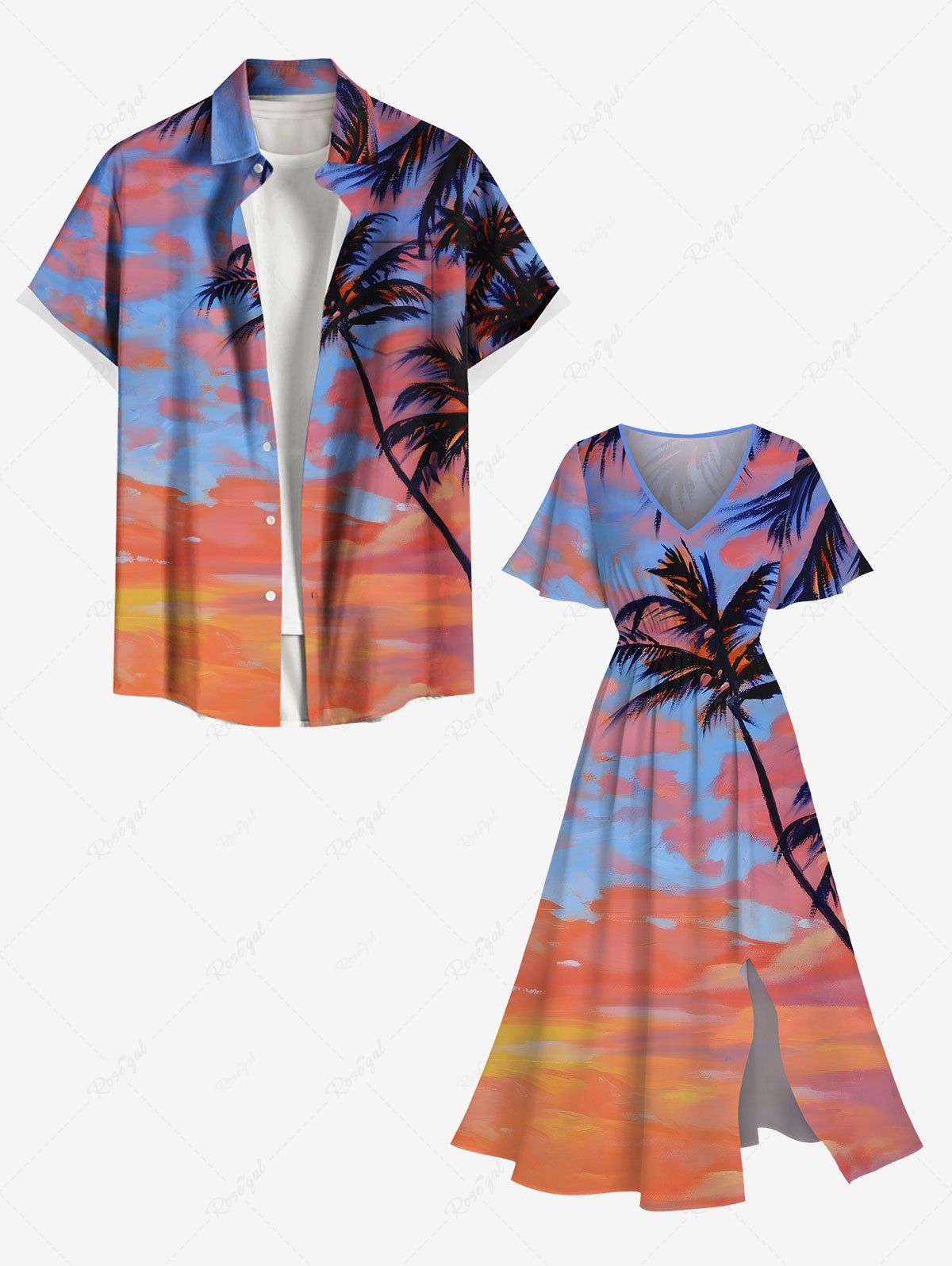 Tenue de plage hawaïenne assortie grande taille à imprimé cocotiers, nuages et crépuscule pour couples Orange 