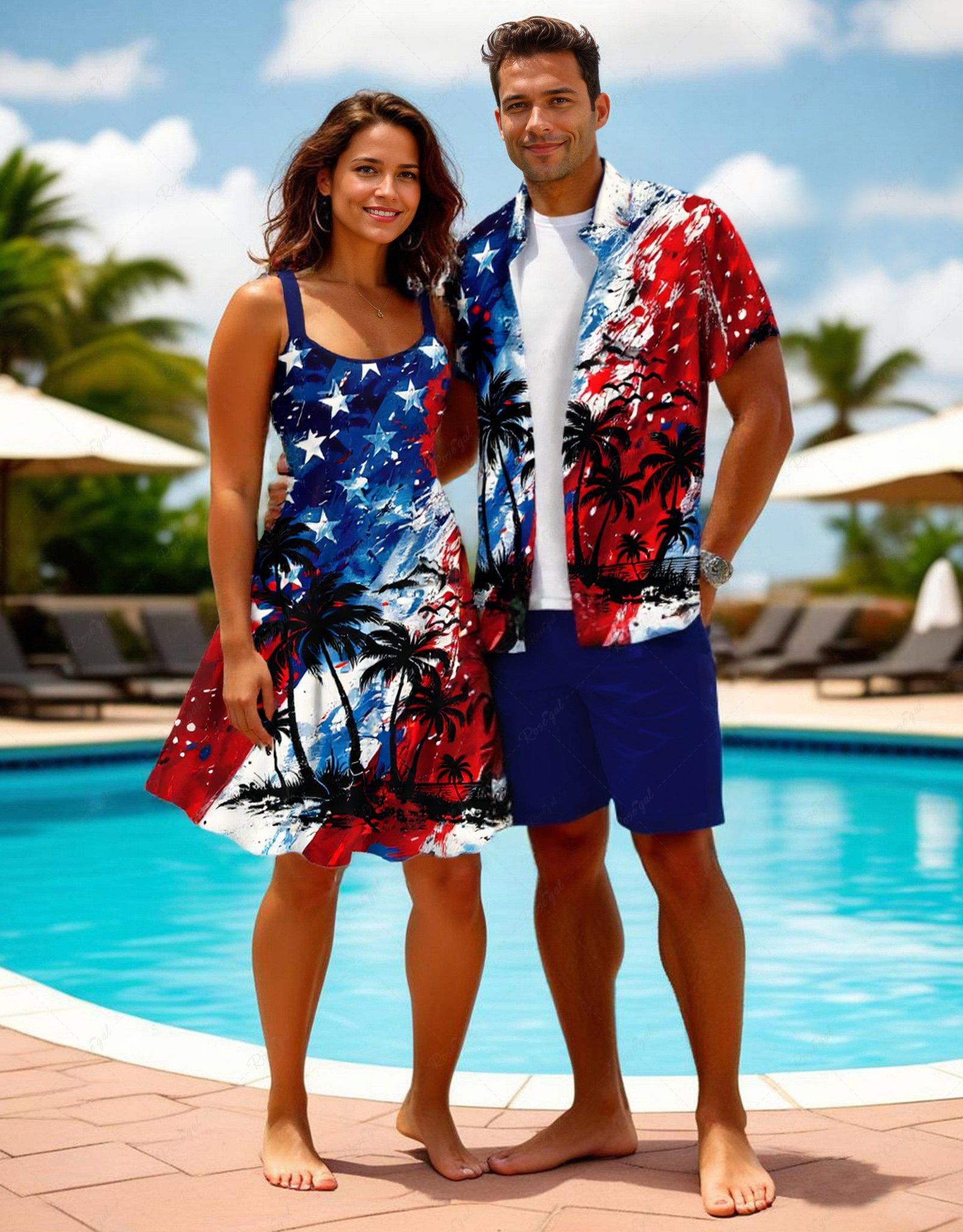 Unique Patriotic American Flag Coconut Tree Paint Splatter Print Plus Size Matching Hawaii Beach Outfit For Couples  