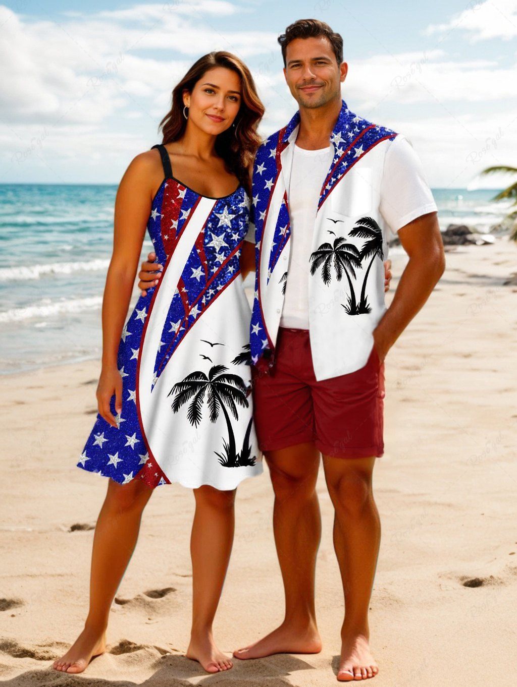 Cheap Patriotic American Flag Coconut Tree Print Plus Size Matching Hawaii Beach Outfit For Couples  