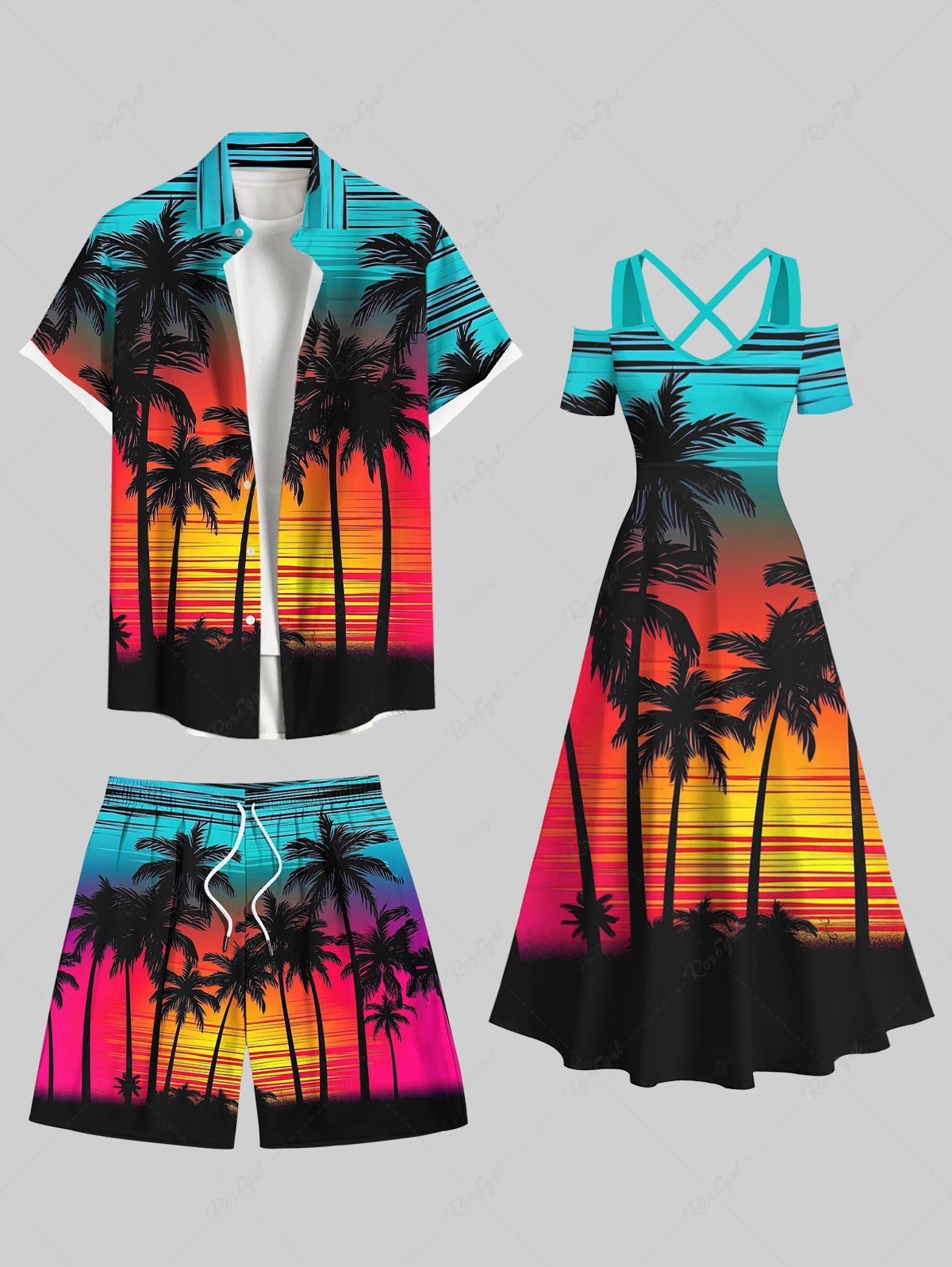 Tenue de plage hawaïenne assortie grande taille, motif coucher de soleil coloré, ciel, cocotiers, pour couples Multi-A 