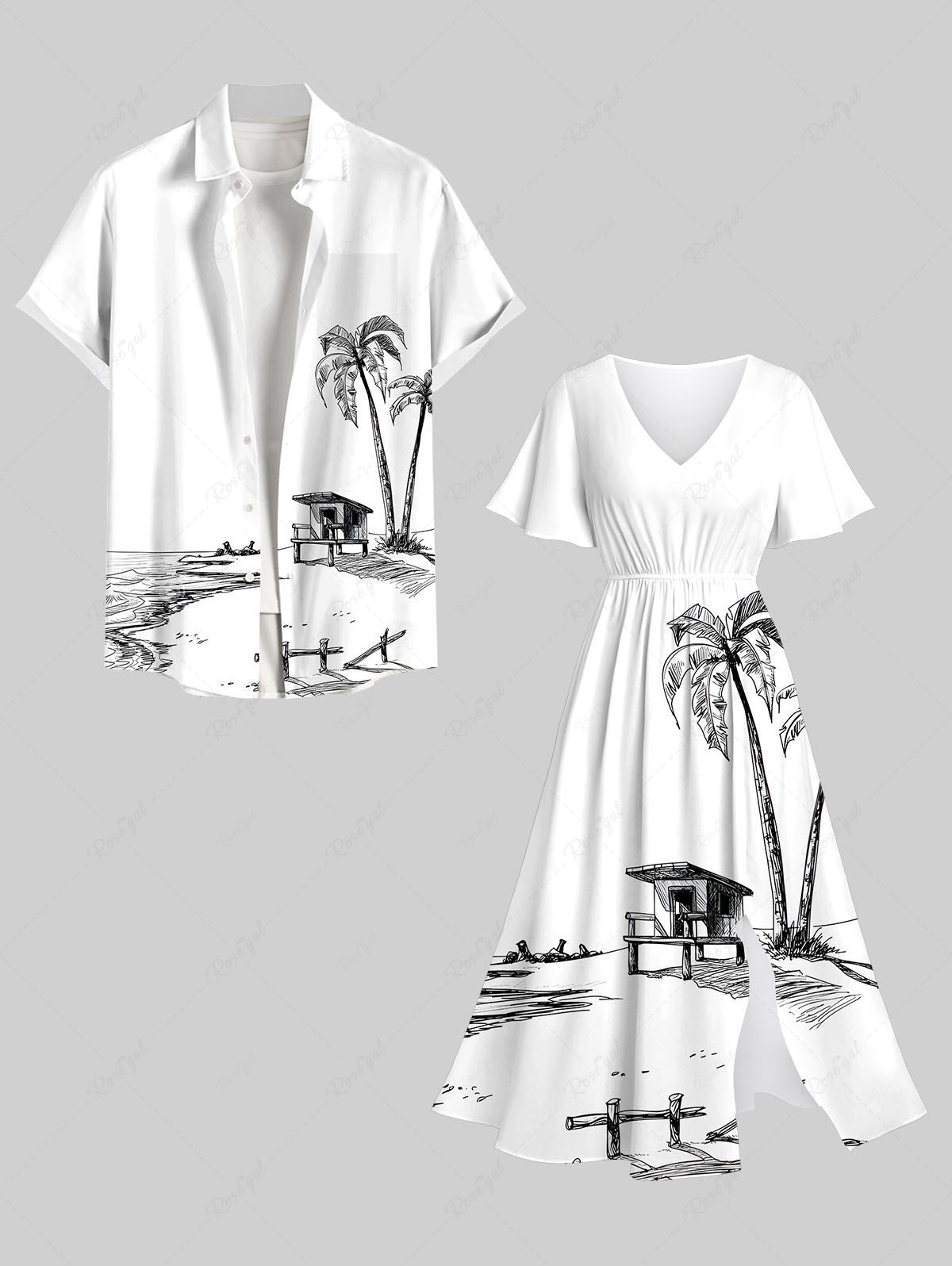 Tenue de plage hawaïenne assortie grande taille à imprimé cabane de cocotier pour couples Blanc 