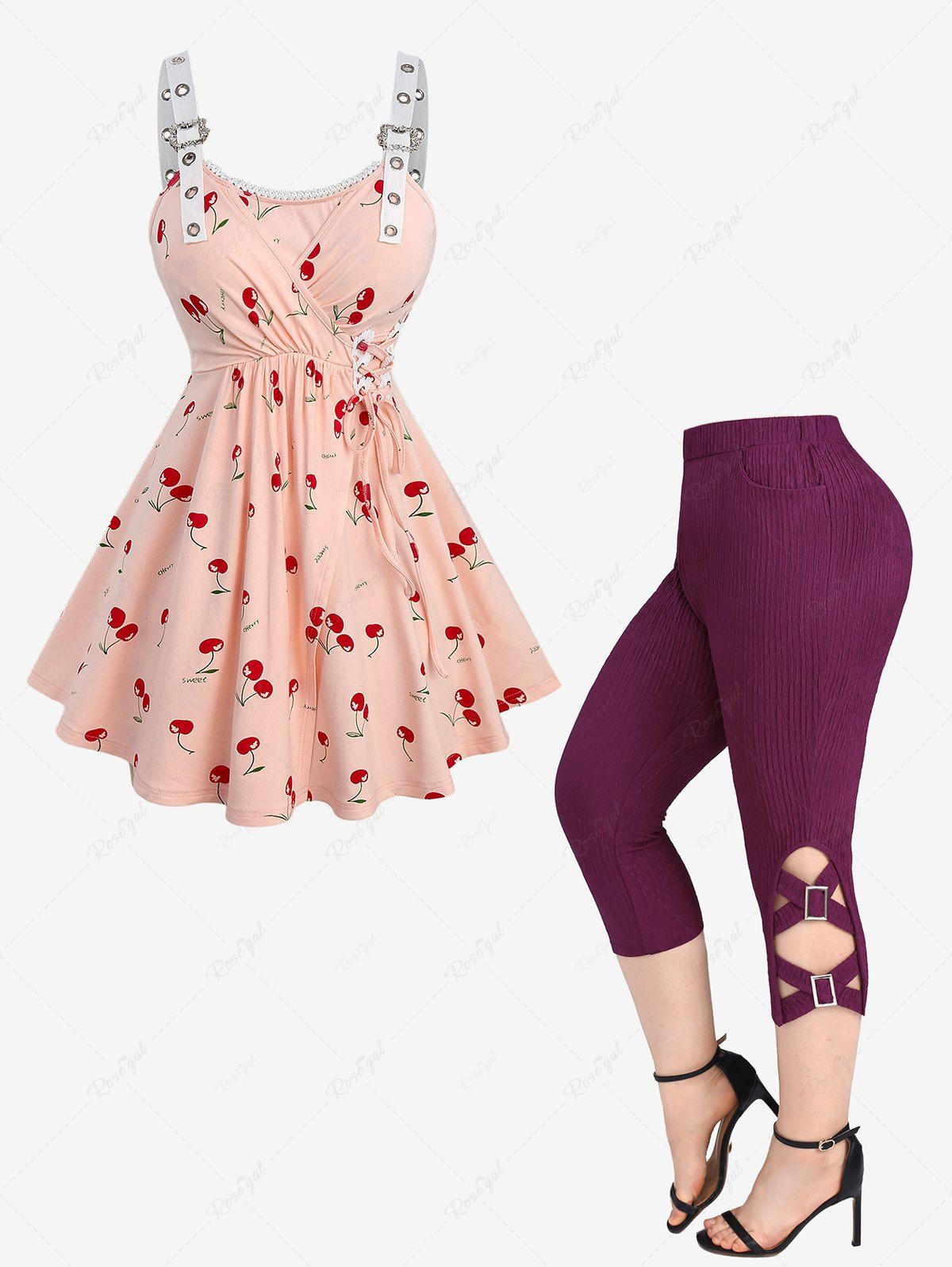 Store Cherry Print Lace-up Surplice Lace Trim Tank Top and Braided Pockets Capri Leggings Plus Size Outfit  