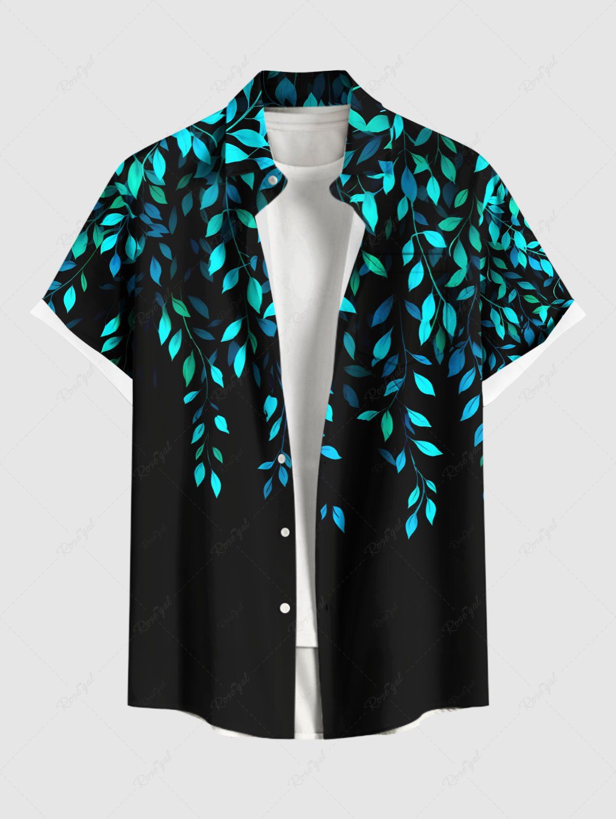 Outfits Plus Size Vine Leaf Print Buttons Pocket Hawaii Shirt For Men  