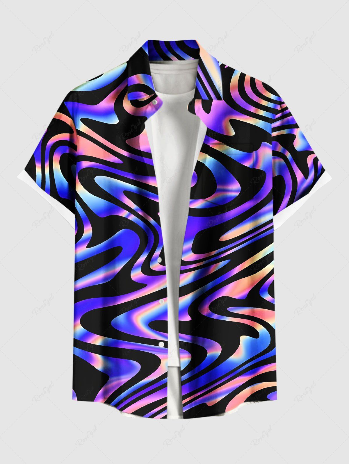 Cheap Plus Size Colorful Ocean Currents Print Buttons Pocket Hawaii Shirt For Men  