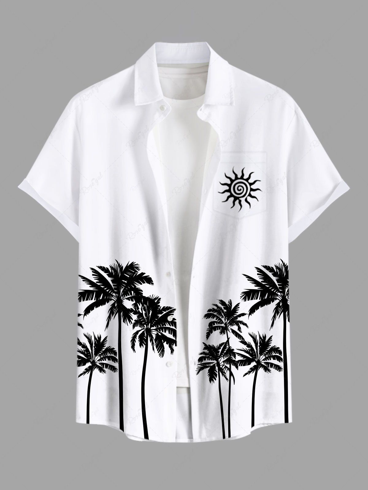New Plus Size Coconut Tree Sun Print Buttons Pocket Hawaii Shirt For Men  