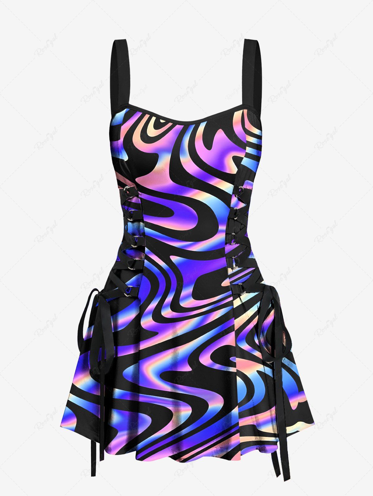 Outfit Colorful Ocean Currents Print Lace Up Hawaii Tank Dress  