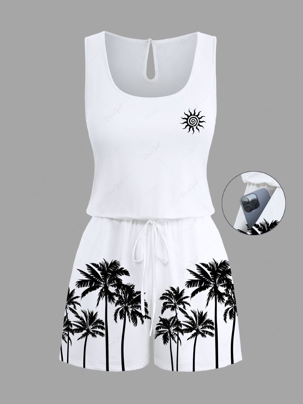 Best Plus Size Coconut Tree Sun Print Cinched Hawaii Romper  