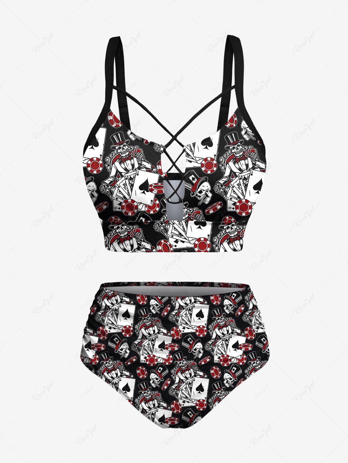 Buy Plus Size Poker Skull Print Lace Up Panel Hawaii Tankini Swimsuit  
