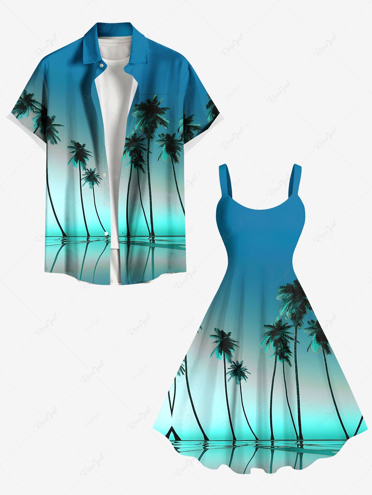 Tenue de plage hawaïenne assortie grande taille à imprimé ombré cocotier pour couples Vert 
