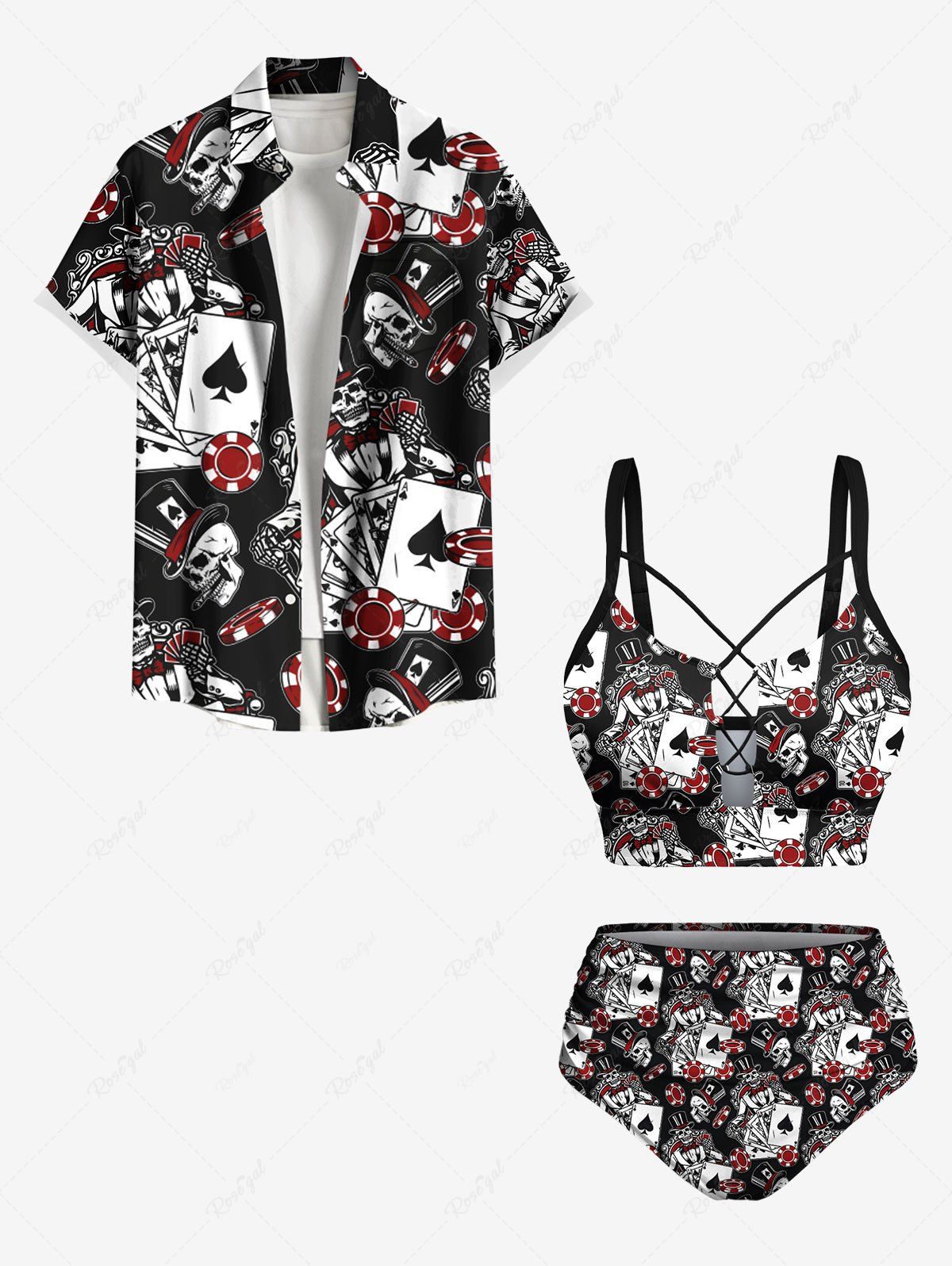 Tenue de plage hawaïenne assortie grande taille avec jetons de casino et imprimé tête de mort pour couples Noir 