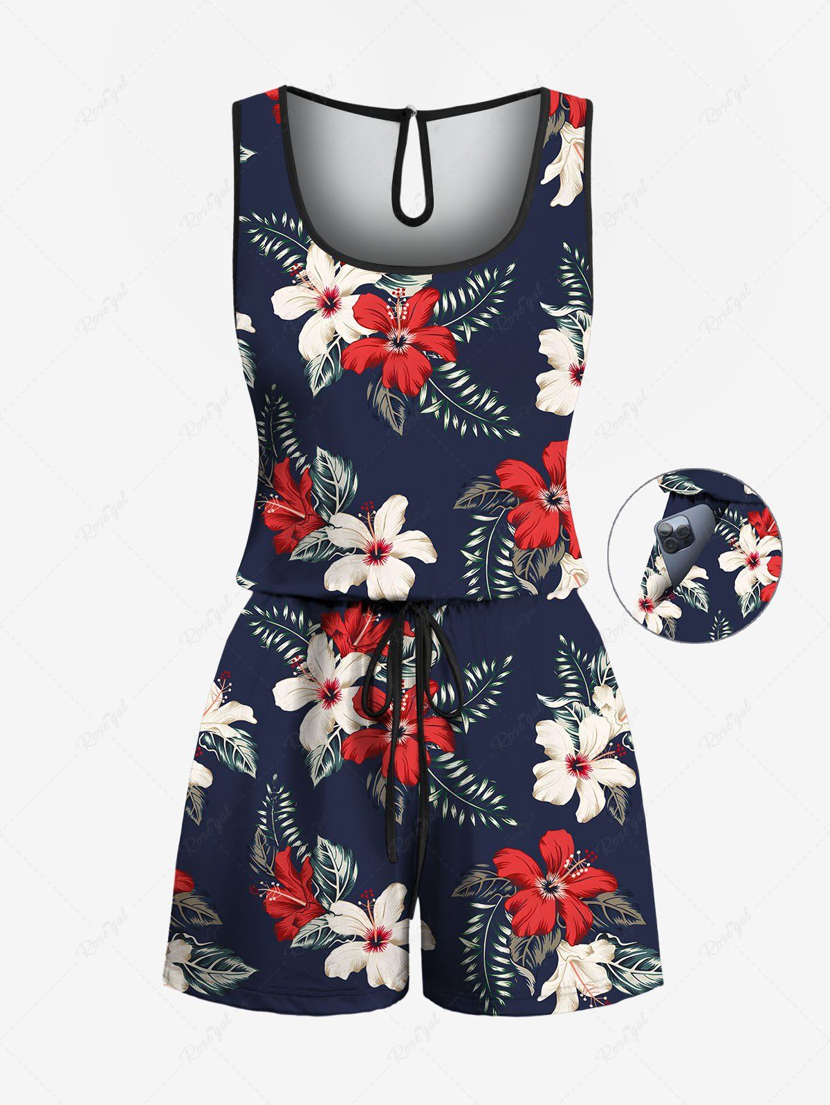 Combinaison hawaïenne cintrée grande taille à imprimé feuilles tropicales et fleurs d'hibiscus Bleu profond 5X