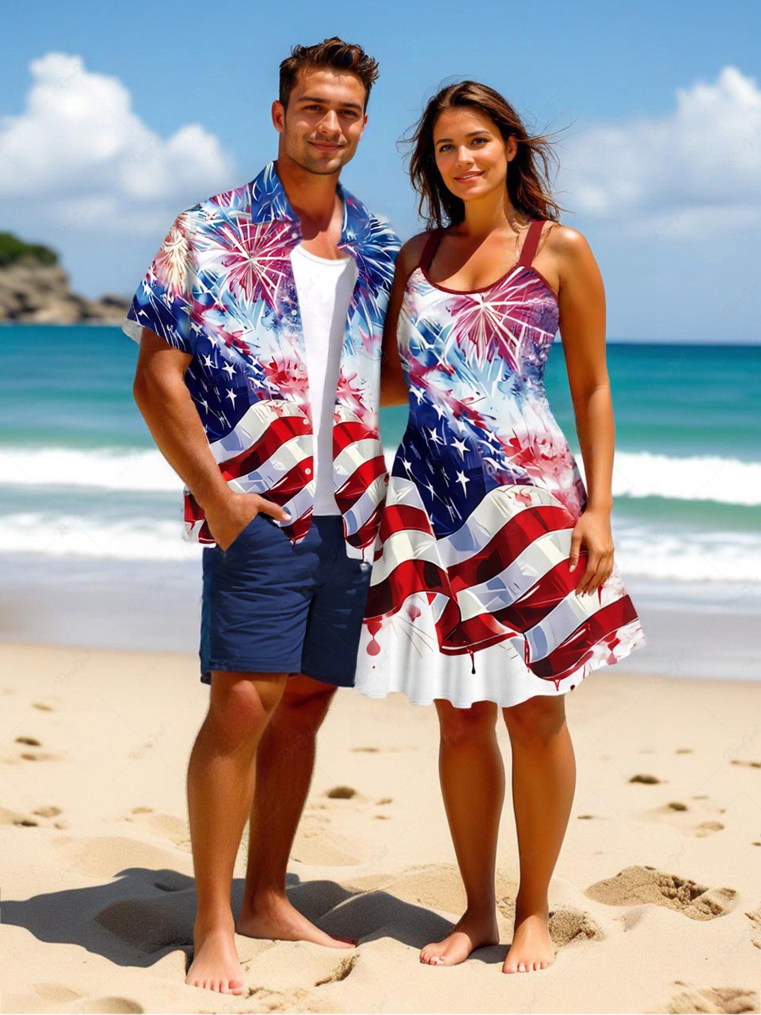 Online Fireworks Painting Splatter American Flag Print Plus Size Matching Set For Couples  