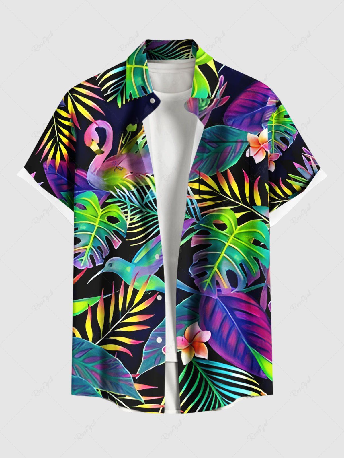 Chemise hawaïenne à boutons et poches pour homme, grande taille, motif feuilles tropicales colorées ombrées, imprimé oiseaux et fleurs Noir XL
