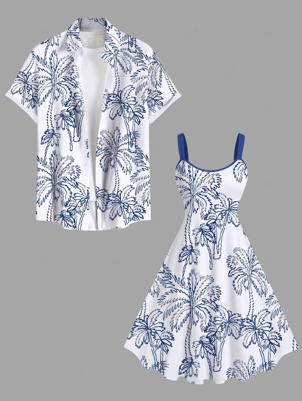 Tenue de plage hawaïenne assortie grande taille, motif cocotier peint à la main, pour couple Blanc 