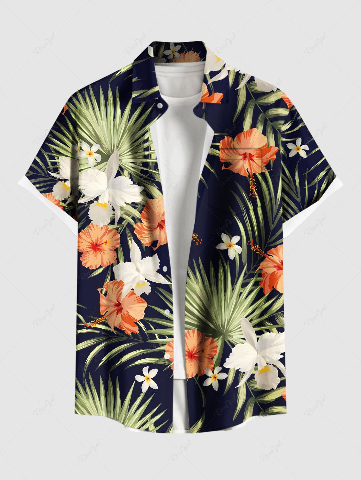 Chemise hawaïenne grande taille à imprimé floral et feuilles tropicales et hibiscus pour homme Noir L
