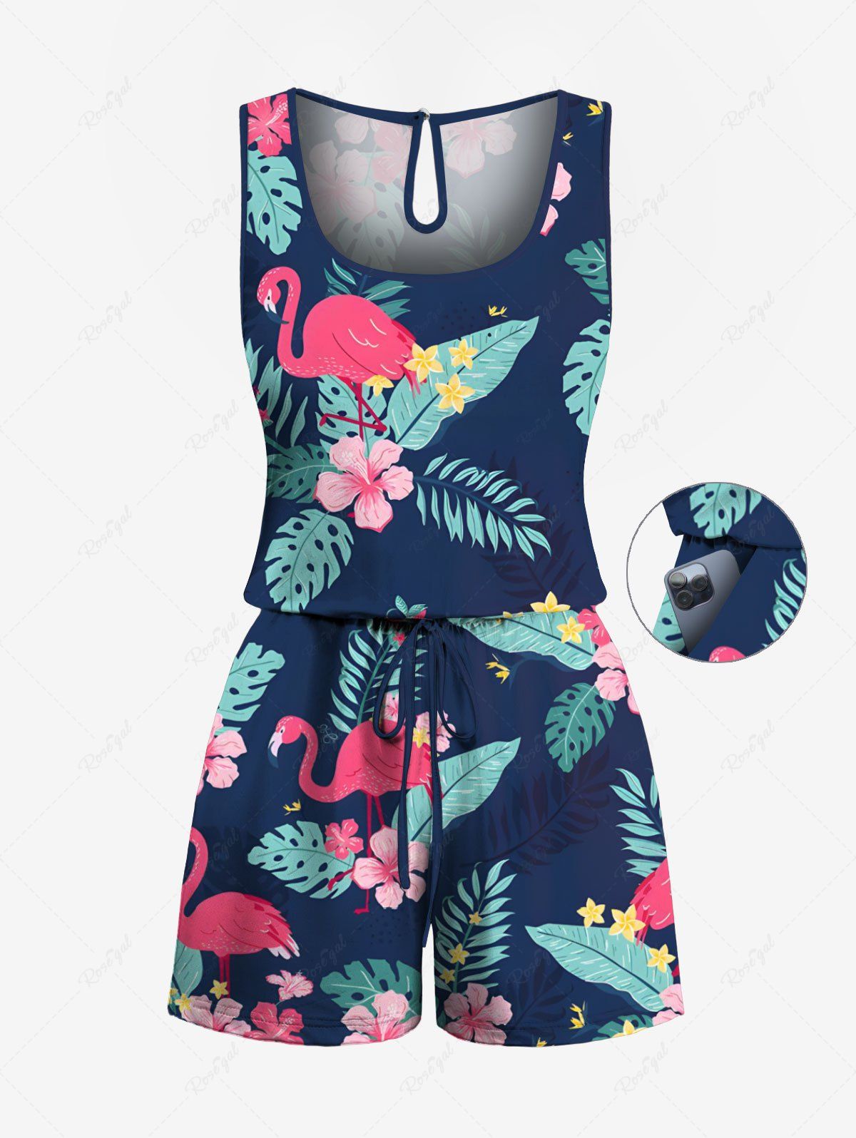 Chic Plus Size Tropical Leaves Hibiscus Floral Flamingo Print Hawaii Pocket Drawstring Romper  