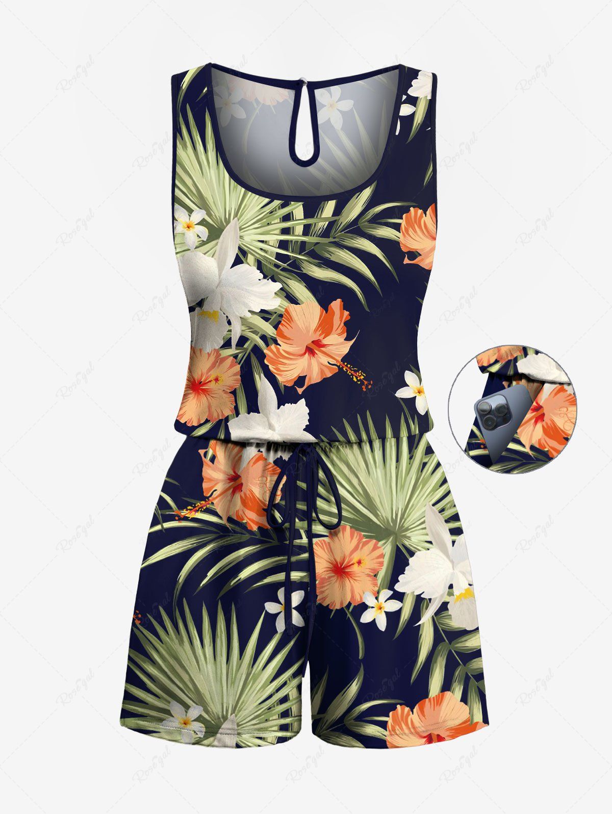 Combinaison hawaïenne grande taille à imprimé feuilles tropicales et fleurs d'hibiscus avec cordon de serrage et poches Noir 4X