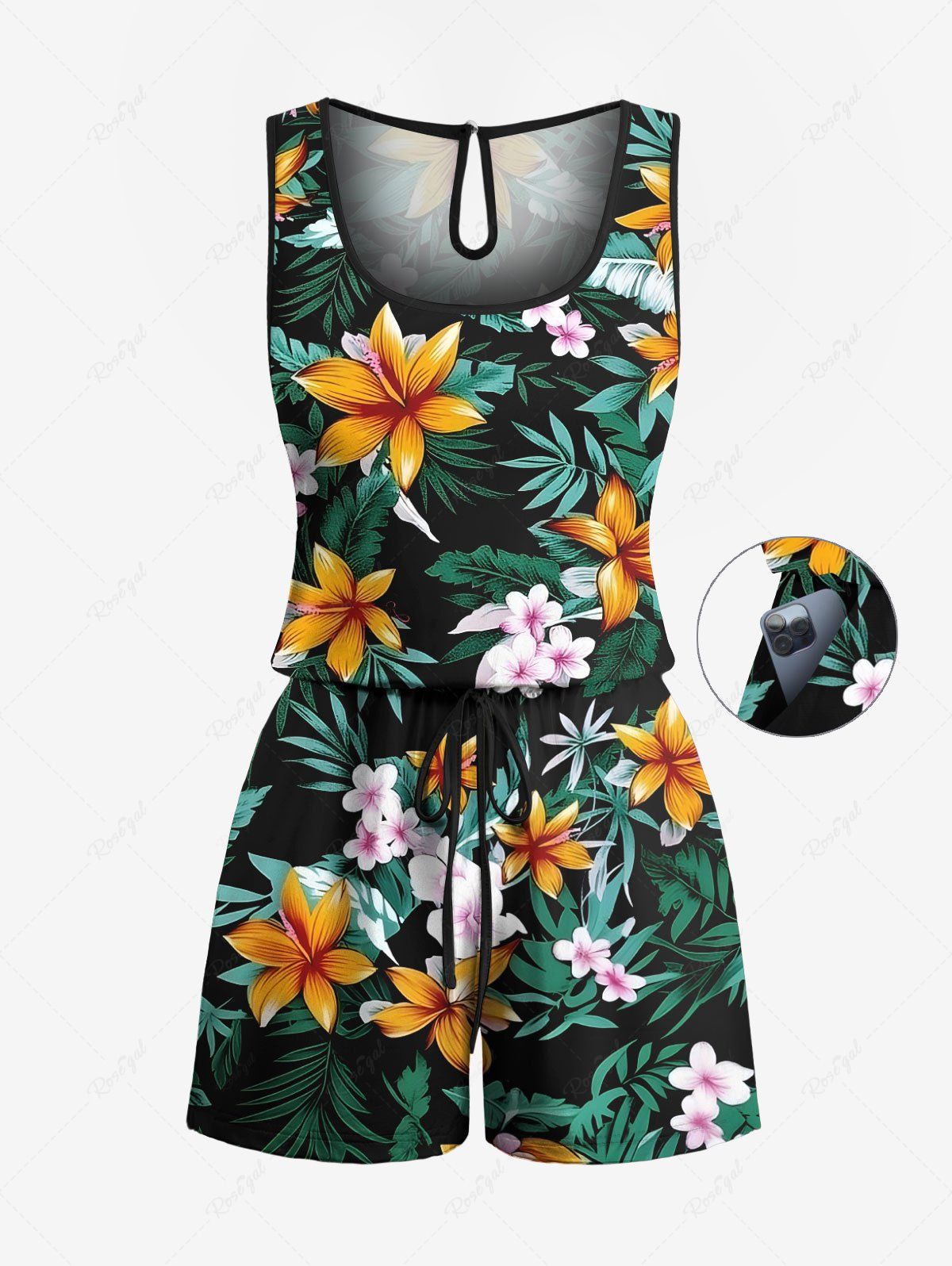 Combinaison hawaïenne grande taille à imprimé feuilles tropicales et branches florales avec cordon de serrage et poches Noir 6X