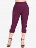 Cherry Print Lace-up Surplice Lace Trim Tank Top and Braided Pockets Capri Leggings Plus Size Outfit -  