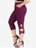 Cherry Print Lace-up Surplice Lace Trim Tank Top and Braided Pockets Capri Leggings Plus Size Outfit -  