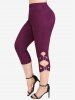 Cherry Print Lace-up Surplice Lace Trim Tank Top and Braided Pockets Capri Leggings Plus Size Outfit -  