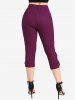 Cherry Print Lace-up Surplice Lace Trim Tank Top and Braided Pockets Capri Leggings Plus Size Outfit -  