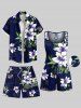 Plus Size Lily Flower Leaves Print Hawaii Drawstring Beach Shorts For Men -  