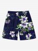 Plus Size Lily Flower Leaves Print Hawaii Drawstring Beach Shorts For Men -  