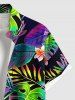 Plus Size Colorful Ombre Tropical Leaf Flower Bird Print Hawaii Button Pocket Shirt For Men -  