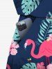 Combinaison grande taille à imprimé flamant rose et feuilles tropicales, hibiscus, fleurs, hawaïennes, avec cordon de serrage et poches - Noir S