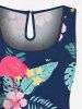 Plus Size Tropical Leaves Hibiscus Floral Flamingo Print Hawaii Pocket Drawstring Romper -  