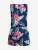 Plus Size Tropical Leaves Hibiscus Floral Flamingo Print Hawaii Pocket Drawstring Romper -  