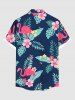 Plus Size Tropical Leaf Hibiscus Flower Flamingo Print Hawaii Button Pocket Shirt For Men -  